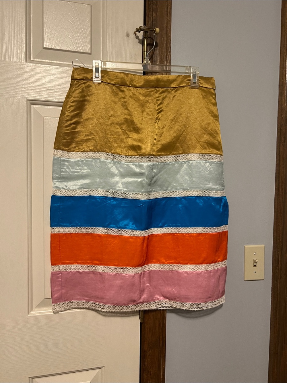 J. Crew Striped Satin Midi Skirt in Gold, Light Blue, Blue, Orange & Pink